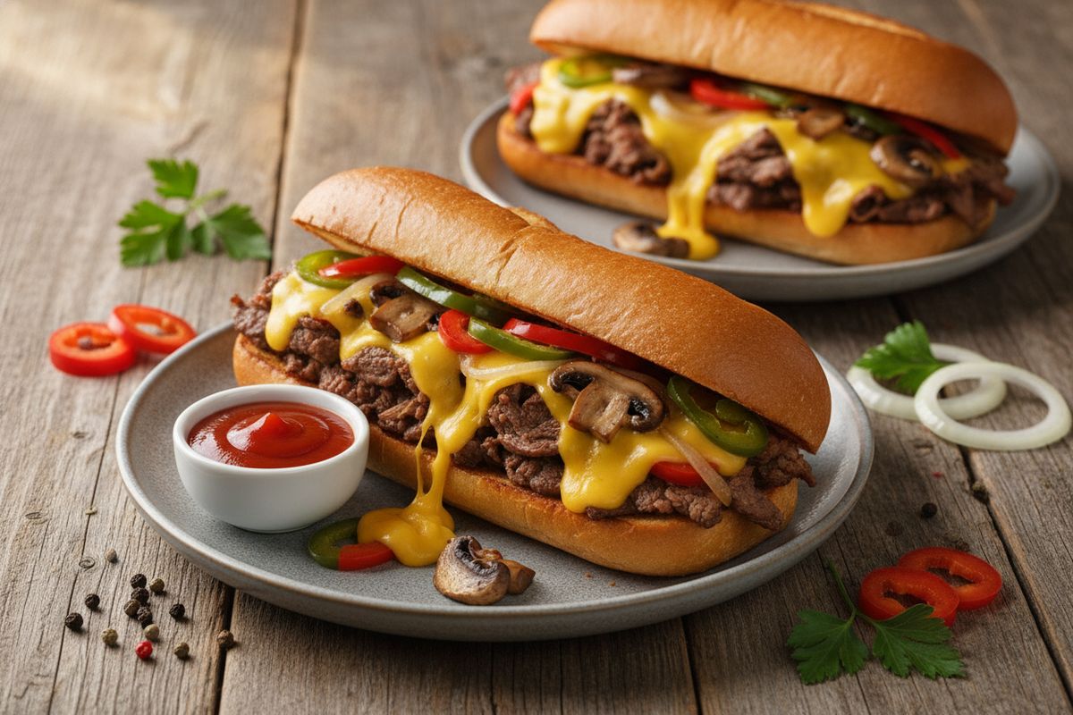 Philadelphian legendaarinen cheese steak kotikeittiössä – ohut naudanliha, sulanut cheddar ja värikäs kasvistäyte hotdog-sämpylässä.