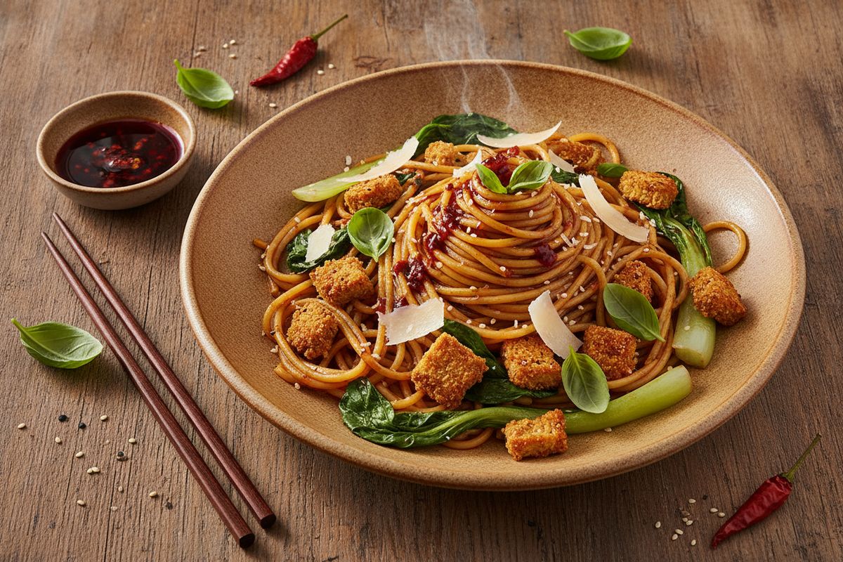 Nopeasti valmistuva tulinen kasvisspagetti, jossa italialainen pasta kohtaa aasialaisen soijakastikkeen, chilin poltteen ja mehevän kasviproteiinin.