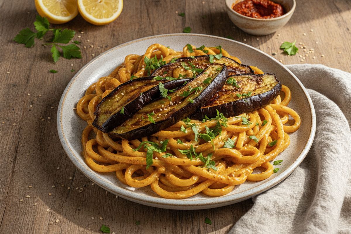 Lähi-idästä inspiroitunut harissa-tahini-nuudeliannos paahdetulla munakoisolla – tulinen, kermainen ja helposti valmistettava vegaaninen arkiruoka.