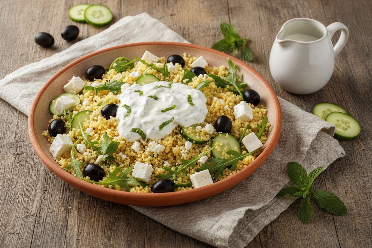 Raikas ja eksoottinen kreikkalainen couscoussalaatti fetalla, oliiveilla ja hunajaisella minttu-kermaviilikastikkeella – valmis 15 minuutissa.