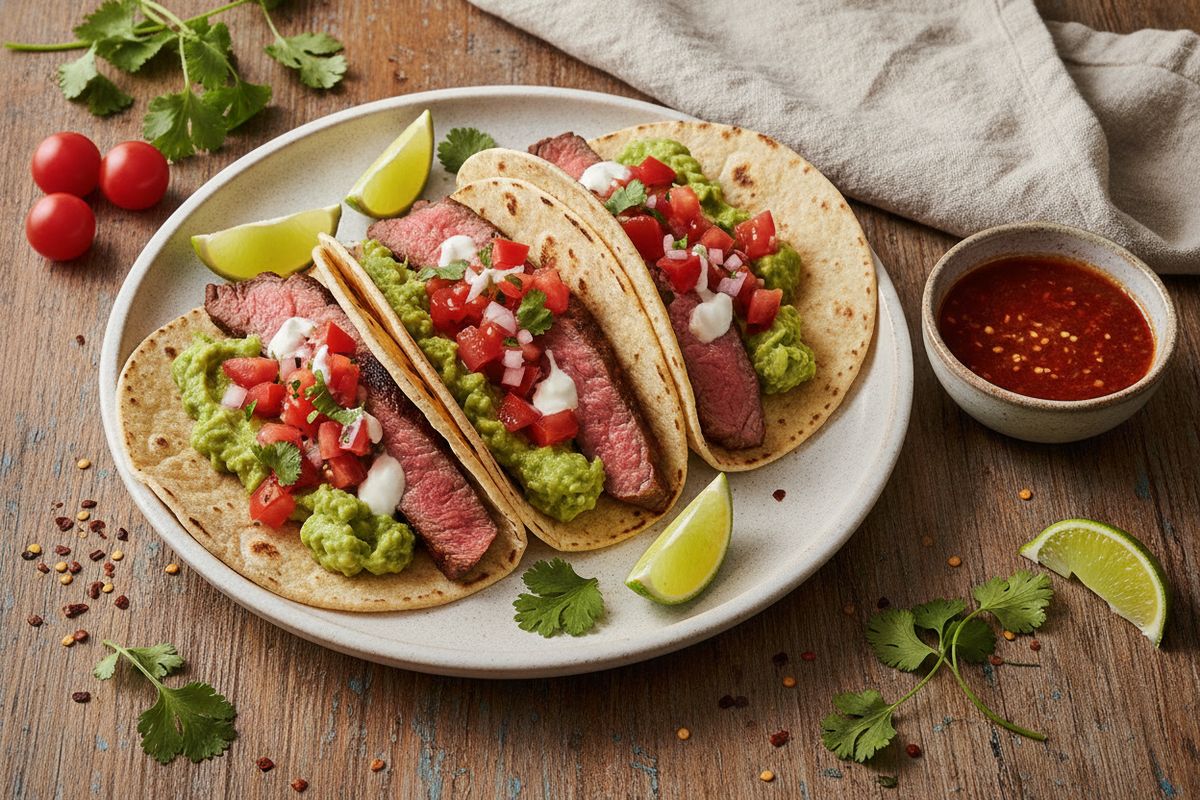 Grillatut pihvitacot mehevällä entrecôtella, kotitekoisella guacamolella ja tuoreella tomaattisalsalla – tex-mex -klassikko maailmanmatkaajan tapaan.