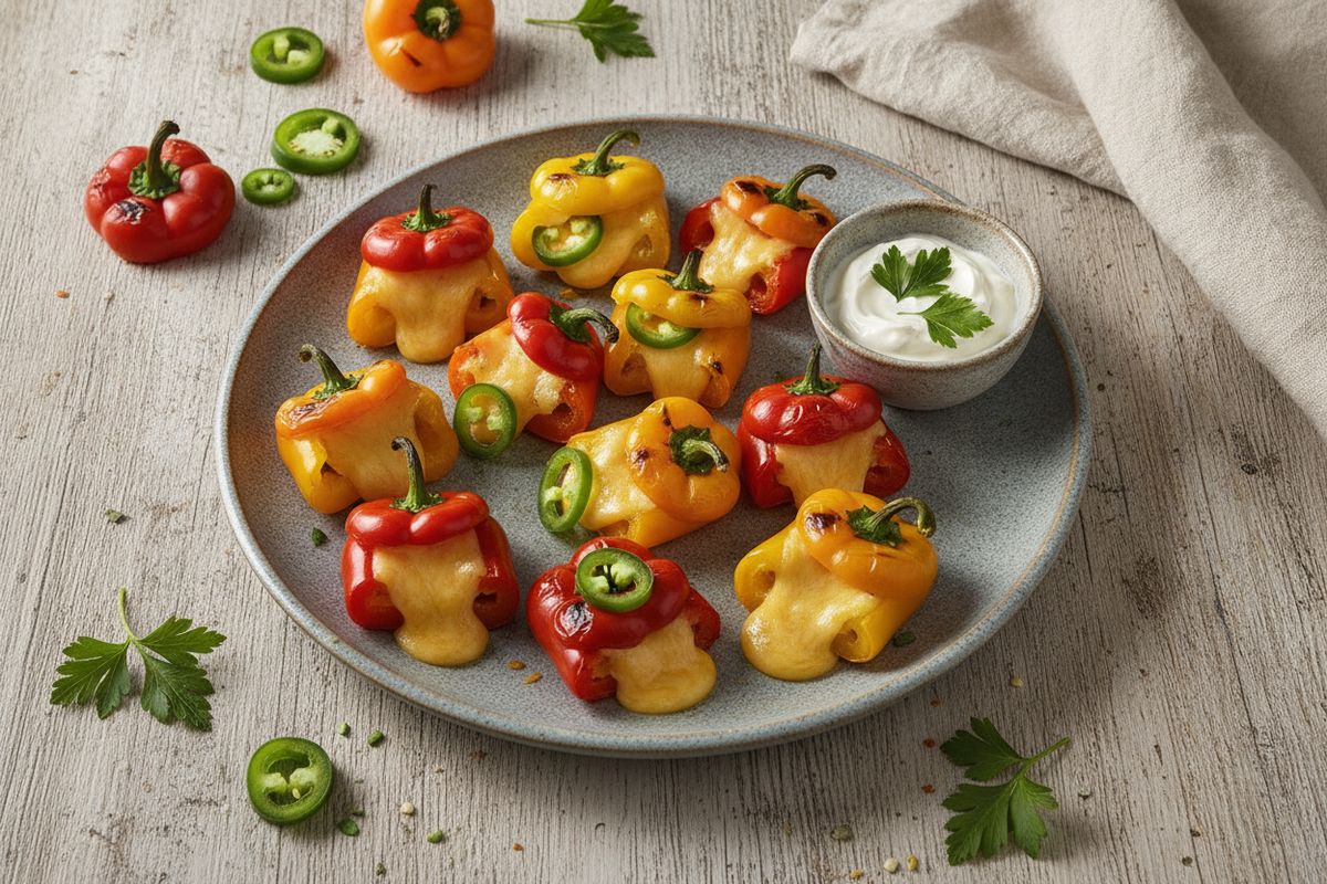 Tuliset jalapeño-cheddar-täytteiset minipaprikat grillattuna tai uunissa – eksoottinen alkupala tai lisuke joka tilanteeseen.