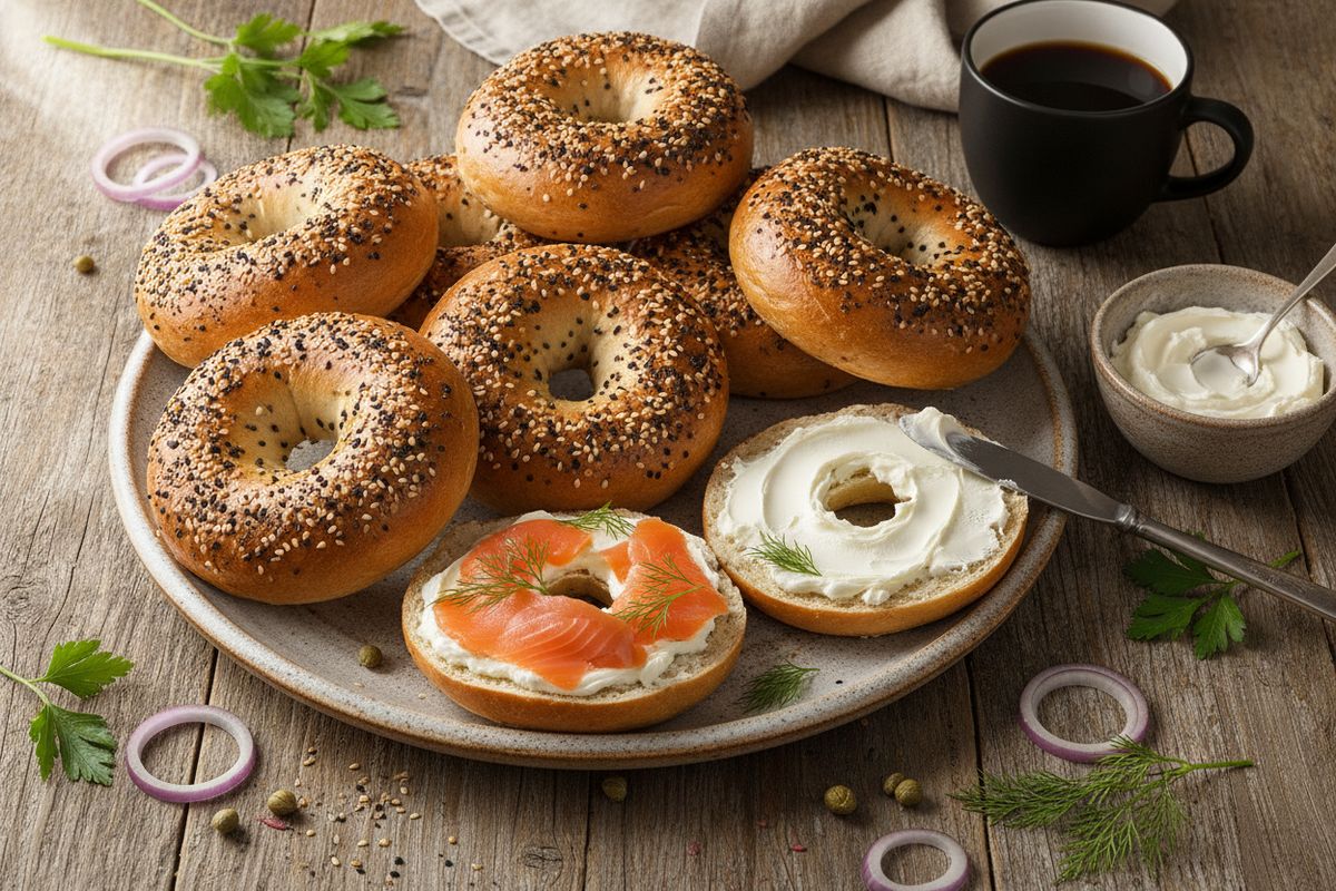Autenttinen New Yorkin bagel-resepti esikeittämistekniikalla – sitkeä, kiiltävä ja täynnä katukeittiön henkeä.