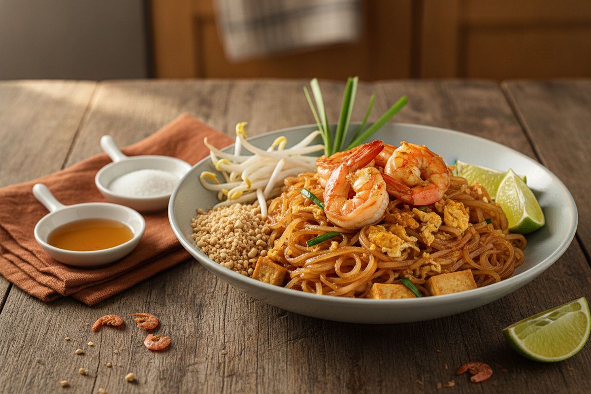 Aito thaimaalainen Pad Thai riisisnuudeleilla, katkaravuilla, tofulla ja syvänmakuisella tamarindi-chilikastikkeella – makumatka suoraan Bangkokin kaduille.