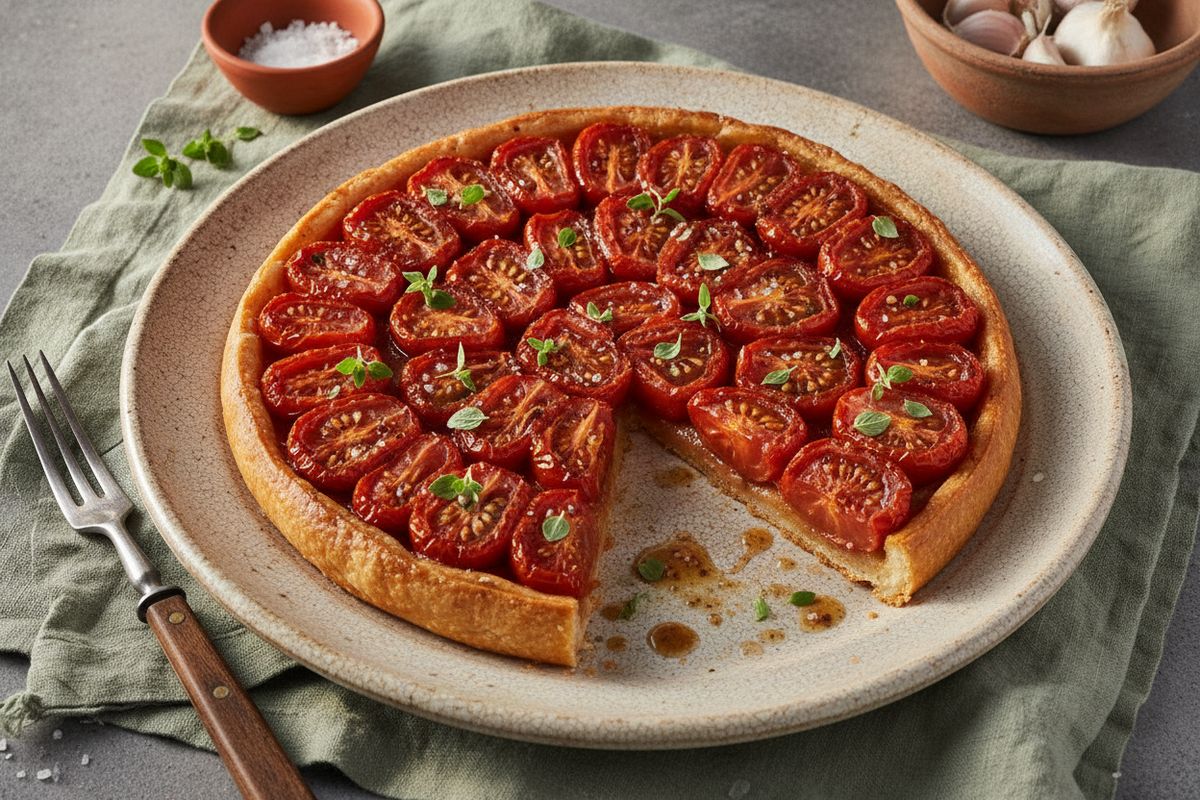 Provencelainen tomaatti tarte tatin on karamellisoitujen Roma-tomaattien, balsamicon ja oreganon täyttämä upottava ranskalaispiiras.