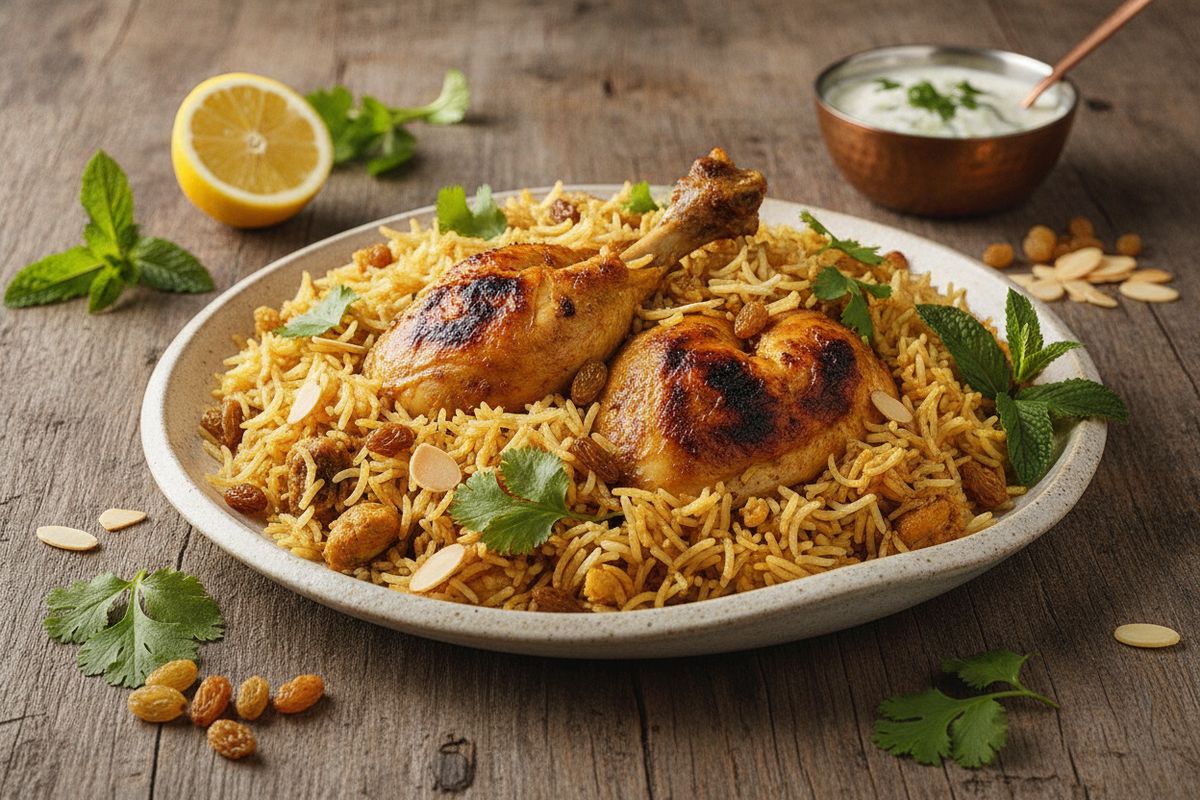 Sahramilla ja biryani-mausteilla valmistettu aromaattinen intialainen kana-biryani, joka on koristeltu rusinoilla, manteleilla ja tuoreilla yrteillä.