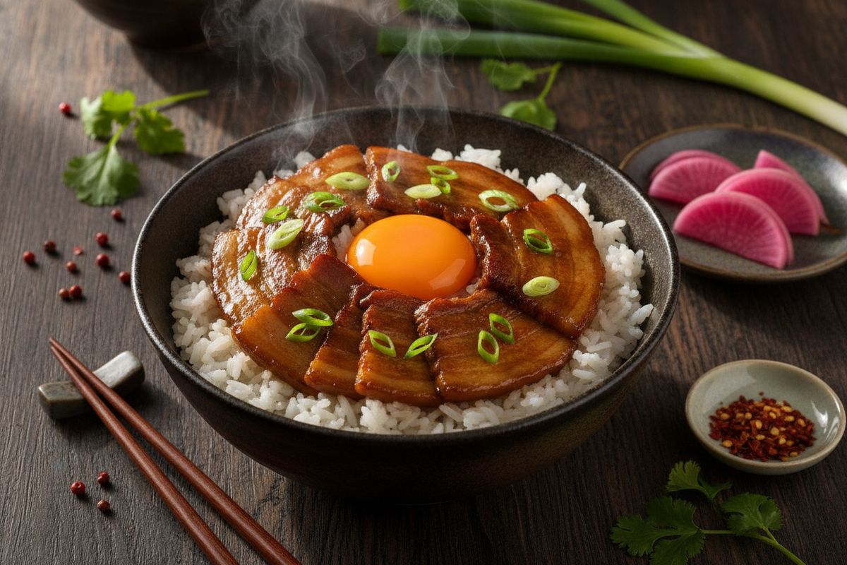 Japanilainen possu-donburi soijamarinadilla, retiisipikkelillä ja tuoreella keltuaisella – täynnä umami-makuja ja eksoottista arjen elämystä.