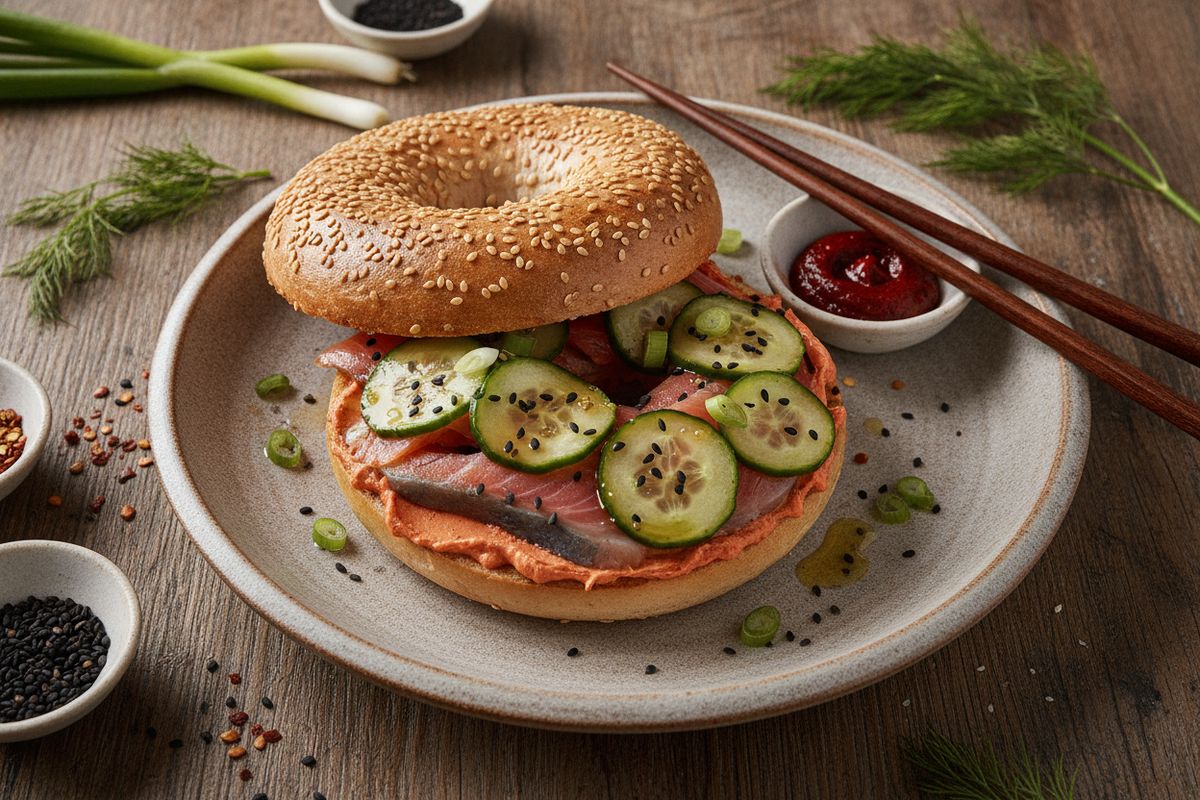 Korealainen savukirjolohibagel yhdistää rapean new yorkilaisen bagelin gochujangin tuliseen potkuun ja savuisen kirjolohen umamirikkauteen.