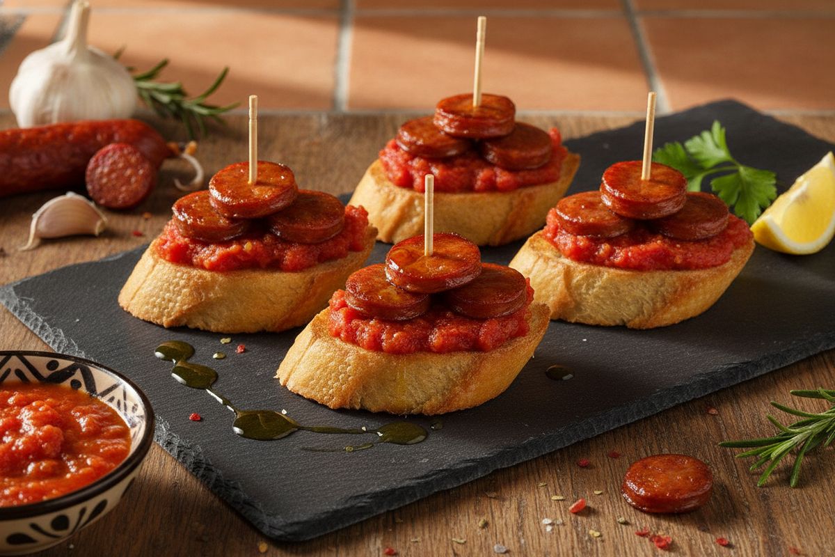 Mausteinen espanjalainen chorizo-tapas sitruunaisella tomaattisurveella ja rapealla batonkileivällä – helppo eksoottinen välipala.