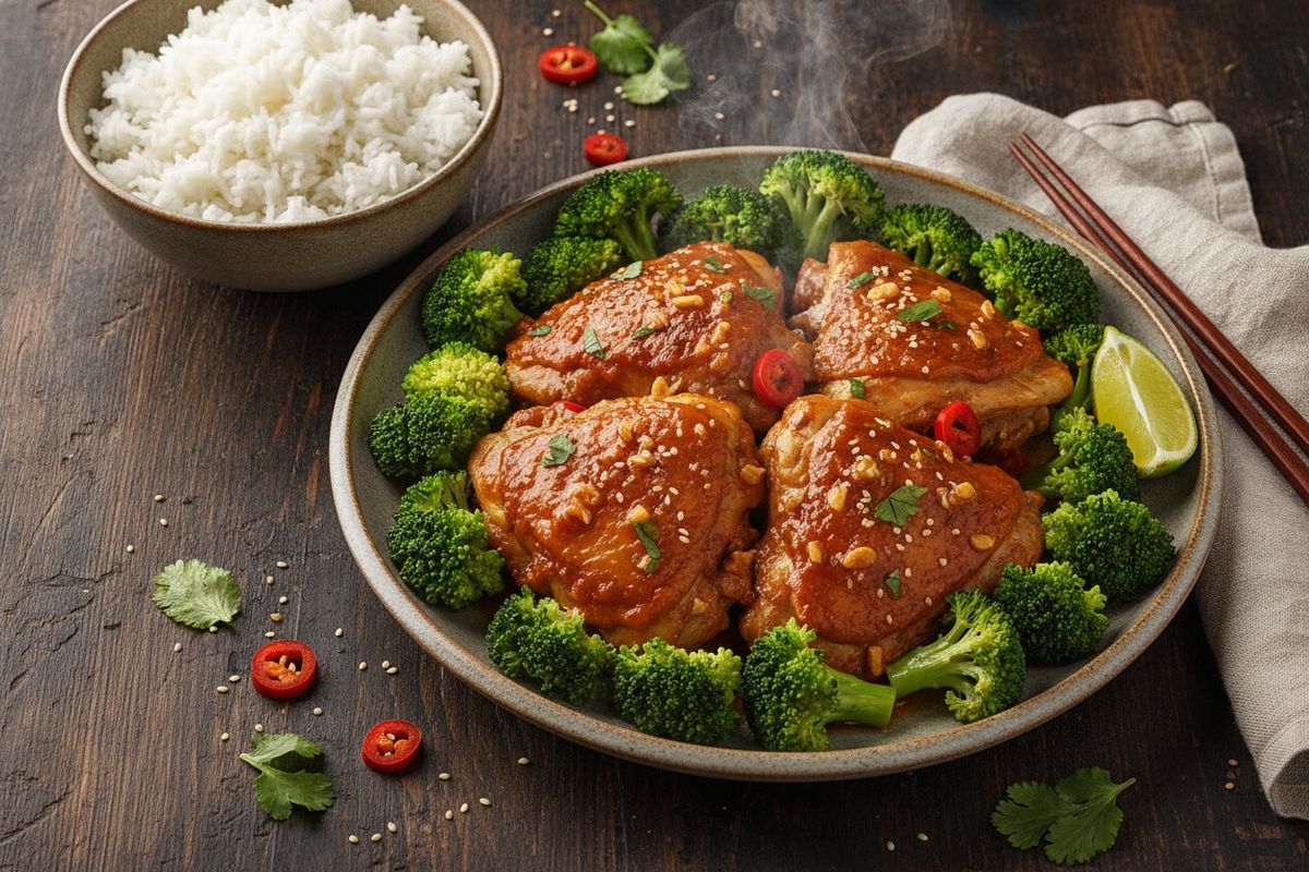 Korealainen gochujang-kookoskastike muuttaa kanan eksoottiseksi haudutusherkuksi jasmiiniriisin ja parsakaalin kera.