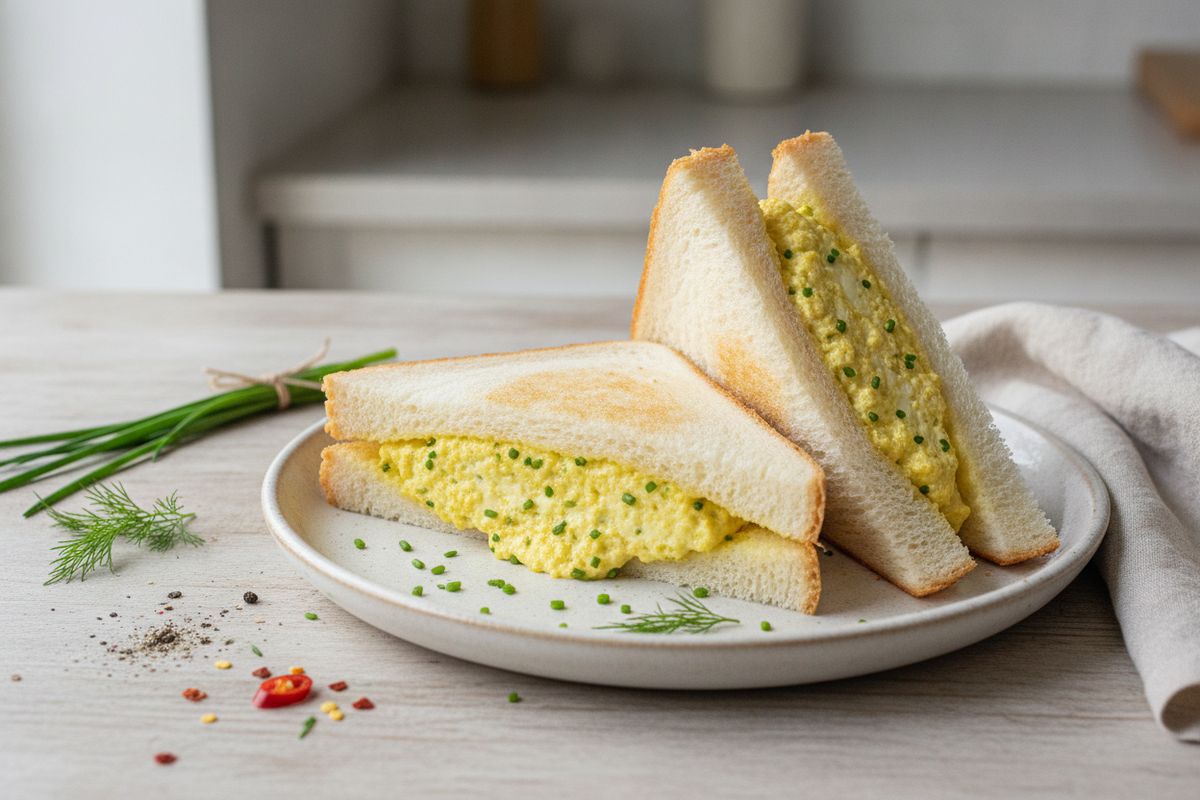 Japanilainen tofu egg sando on kurkumaisella tofu-täytteellä valmistettu vegaaninen herkkuleipä, joka sopii piknikille tai arkilounaaksi.