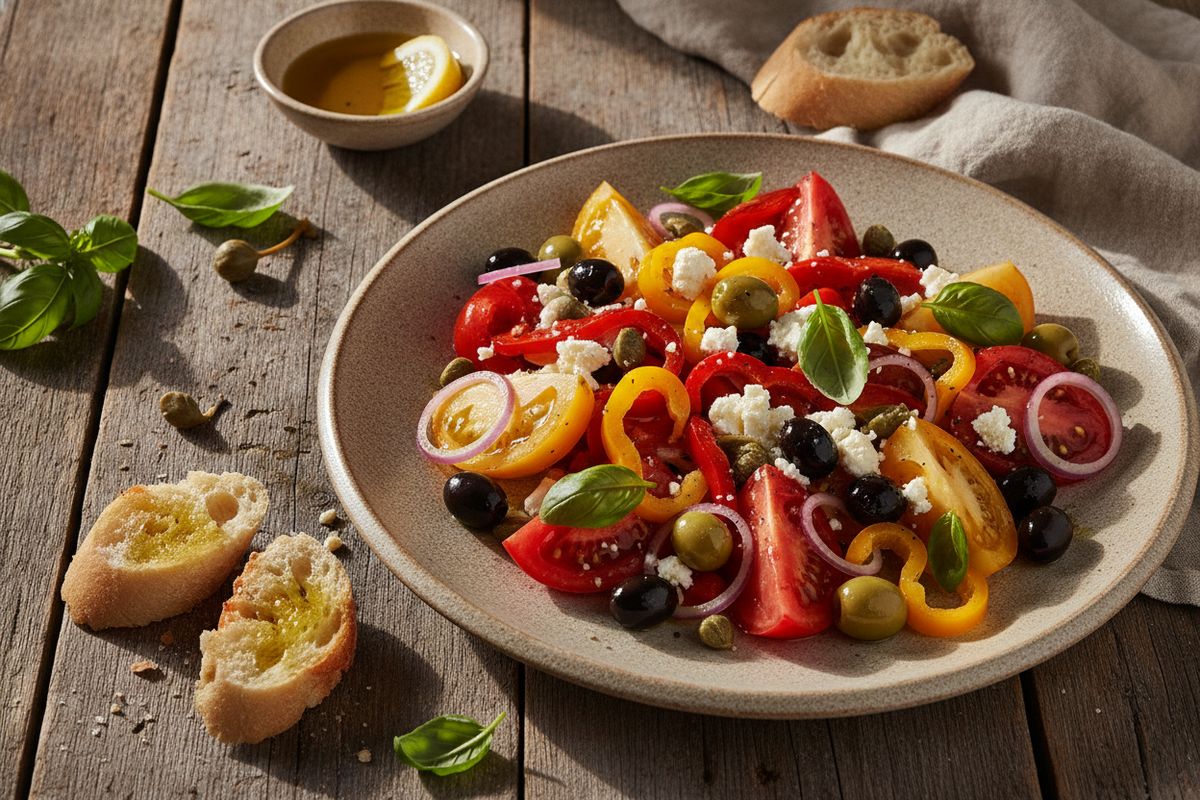 Insalata siciliana on aurinkoinen sisilialainen salaatti, jossa Välimeren parhaat maut – oliivit, kaprikset, tomaatit ja basilika – kohtaavat raikkaasti.