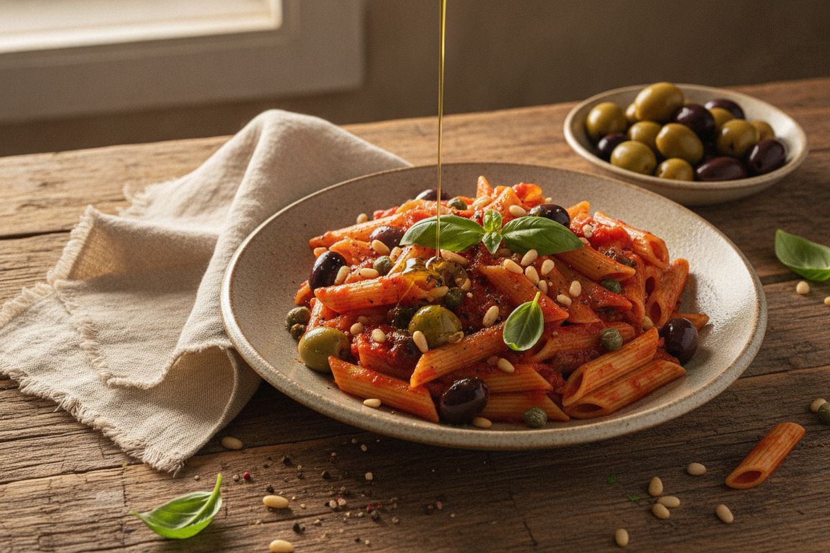 Vegaaninen Palermon pasta yhdistää sisilialaisen keittiön rohkeat maut – kaprikset, oliivit ja tuoreet yrtit – helpoksi ja eksoottiseksi arkiruoaksi.