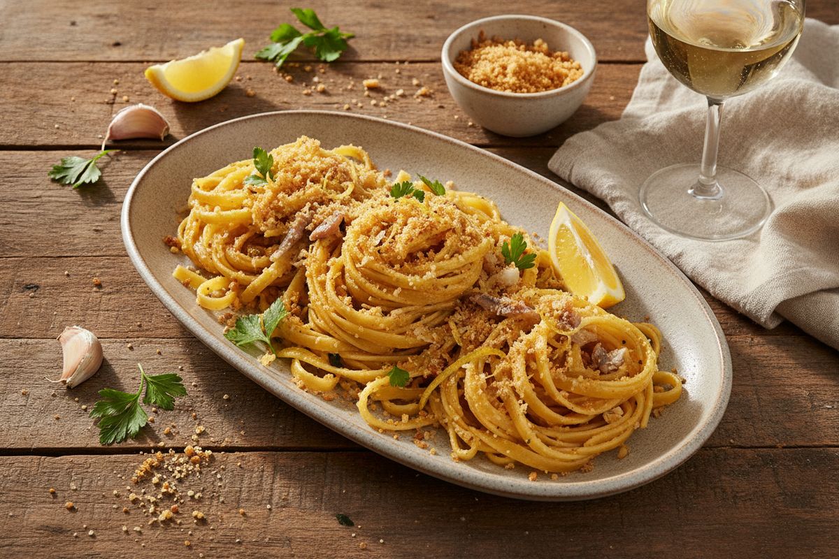 Täyteläinen sardellipasta sitruunalla, chilillä ja rapealla pangrattattolla — nopea arki- ja viikonloppuherkku Välimeren makumaailmasta.