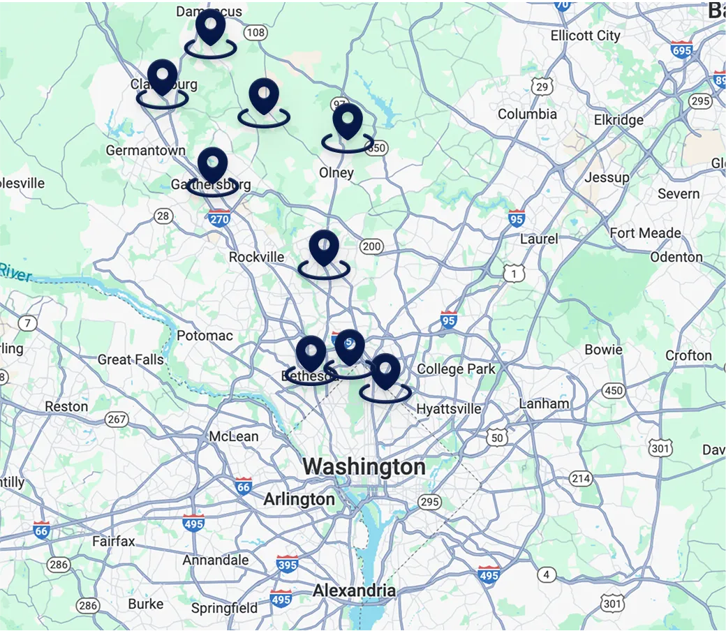 Map highlighting landmarks and locations near Washington, D.C., including Germantown and Bethesda.
