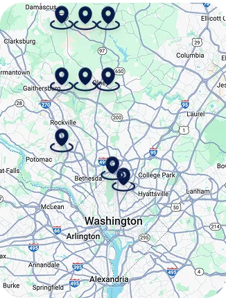 Map of Washington, D.C. area with markers indicating various locations.
