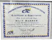 Certificate of completion awarded to Matt Harvey from the CTC Learning Center.