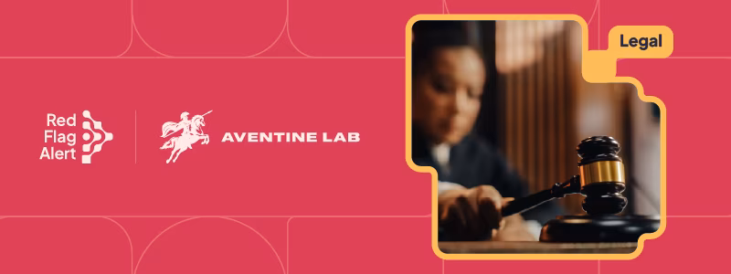 Red background with a cut out image of a judge banging a gavel next to the red flag alert logo