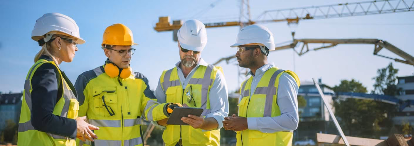 A group of people in high-vis and hard hats on a construction site looking at an iPad