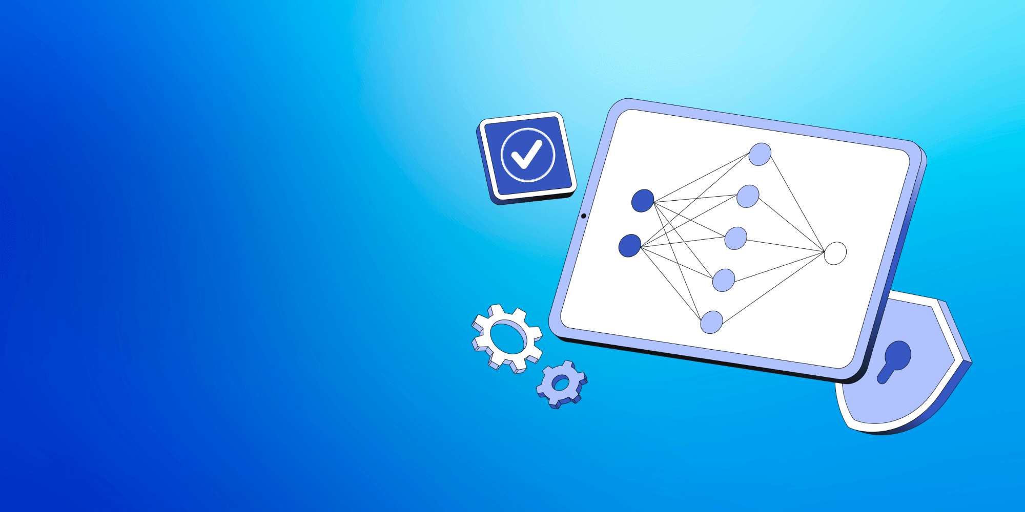 Illustration eines Tablets mit einem neuronalen Netzdiagramm, umgeben von einem Häkchensymbol, Zahnrad-Icons und einem Schild mit einem Schlüsselloch auf blauem Hintergrund.