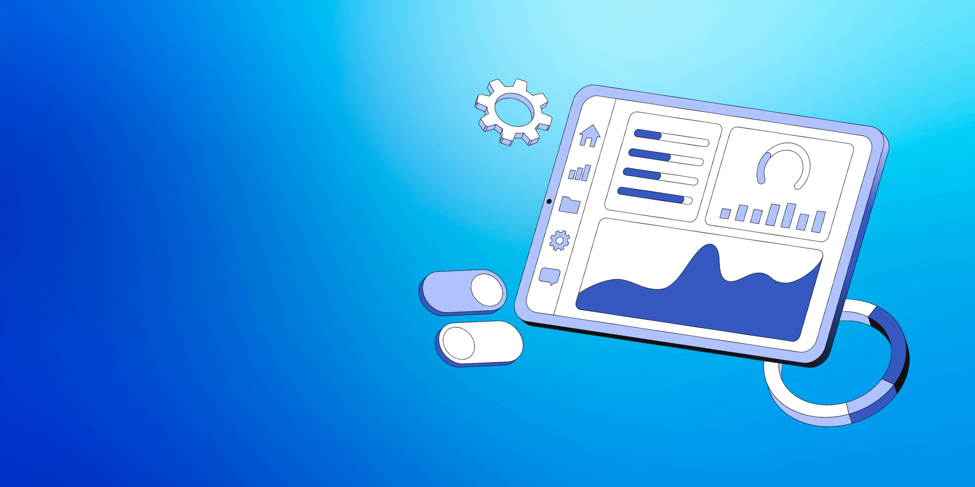 Laptop mit Suchleiste und Chatbot-Symbol auf dem Bildschirm, ein Sicherheitssymbol mit EU-Sternen und ein Vorhängeschloss daneben vor blauem Verlaufshintergrund.