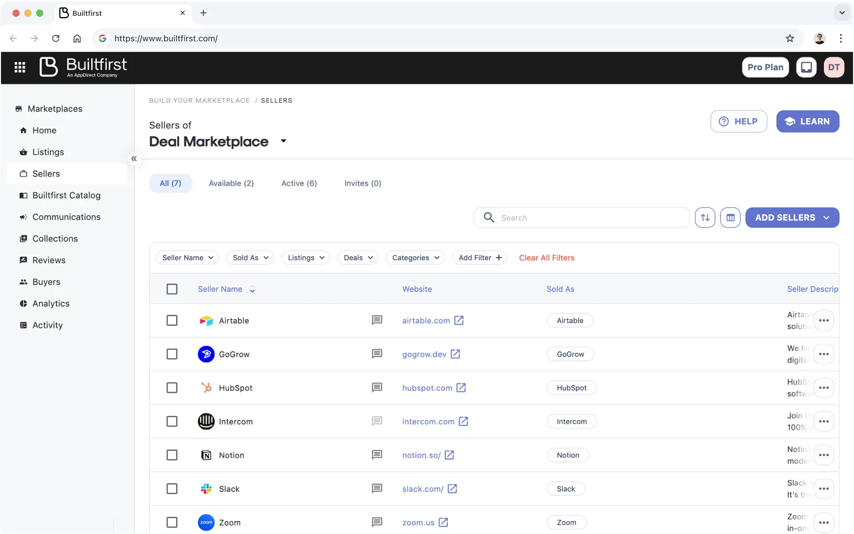 Builtfirst dashboard showing sellers deal marketplace with more items