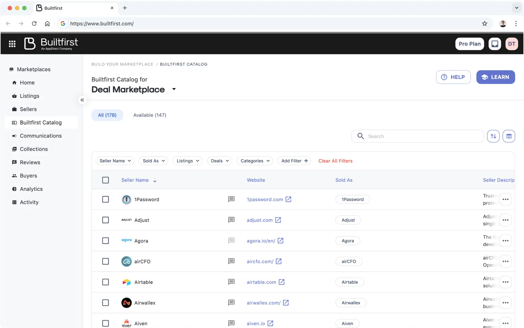 Builtfirst dashboard showing catalog for deal marketplace