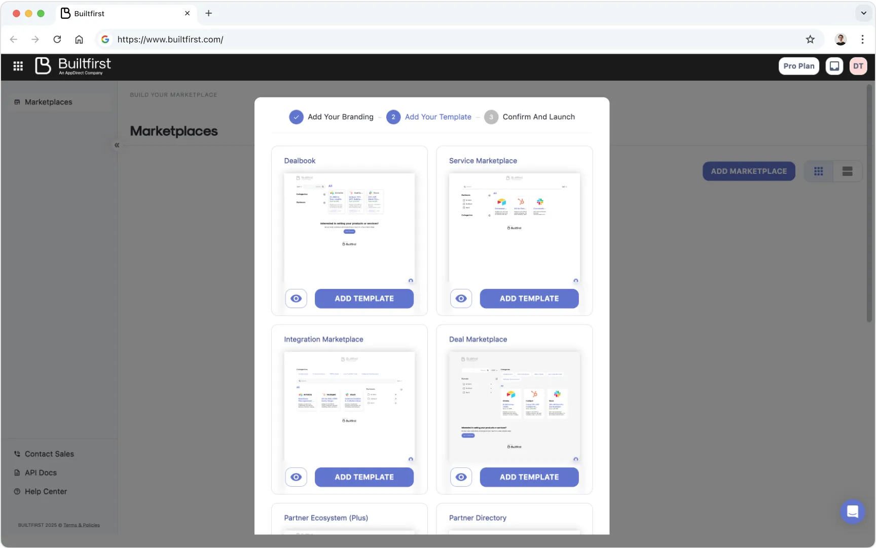 Bultfirst builder marketplace with the '"Add Your Template" modal opened