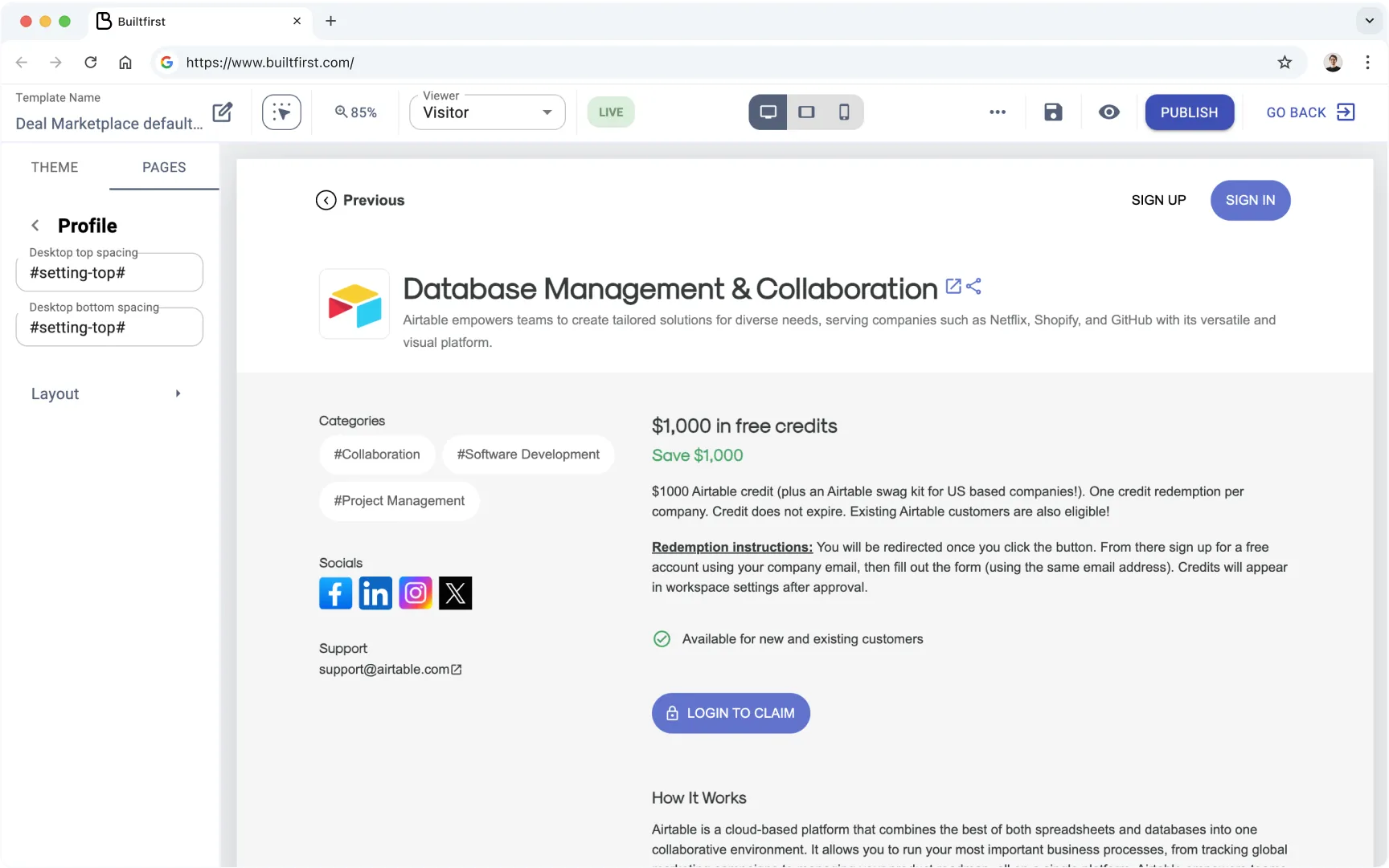 Builtfirst dashboard showing edit template pages.