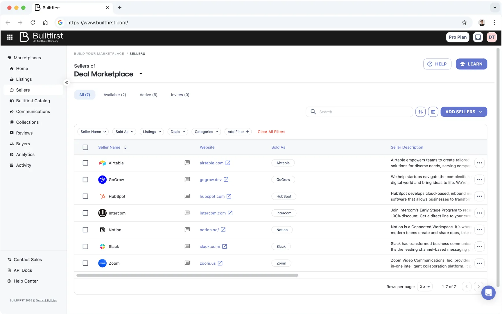 Builtfirst dashboard showing sellers deal marketplace