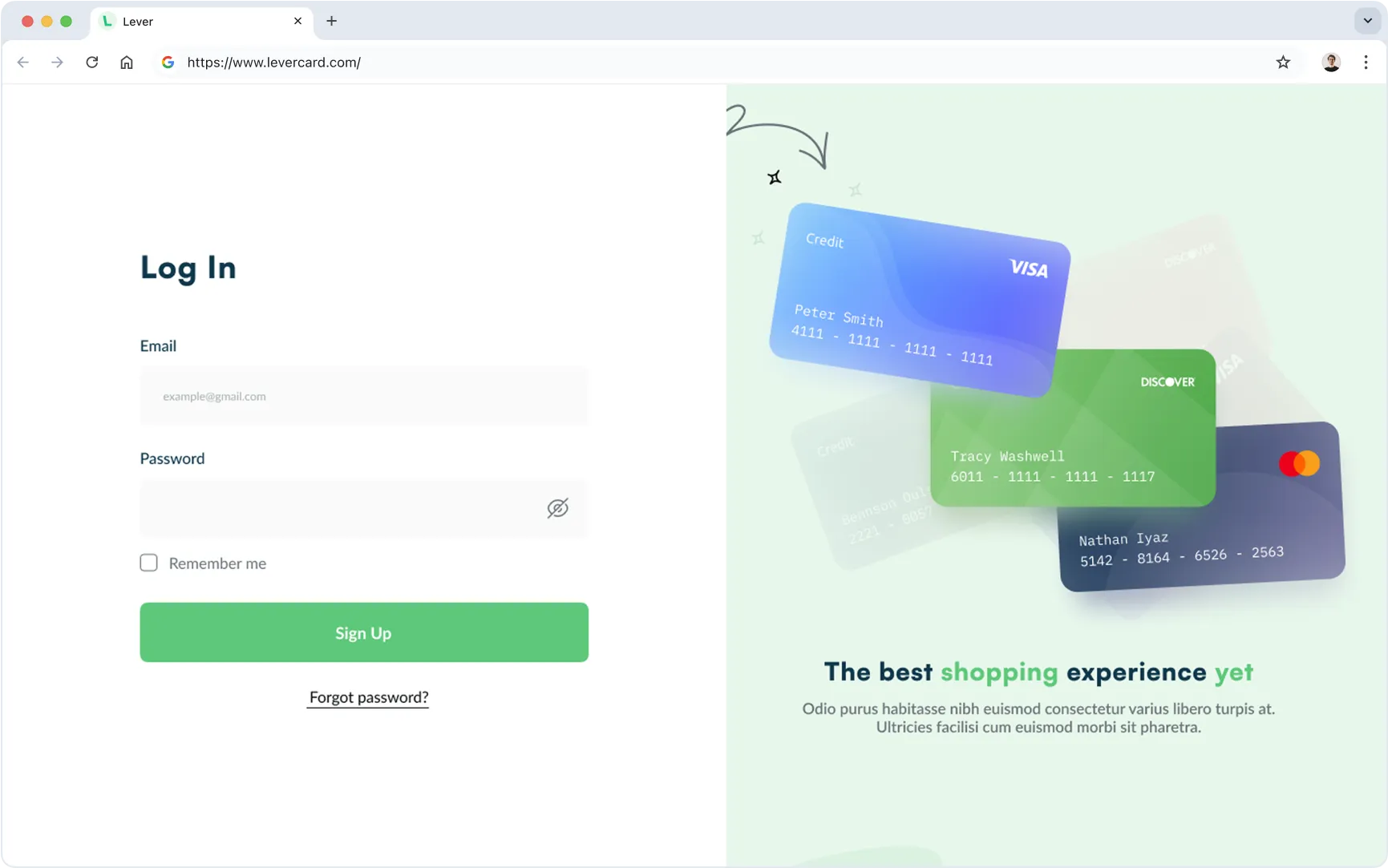Lever login page with email and password fields and visual of stacked credit cards from Visa, Discover, and Mastercard representing a personalized shopping experience.