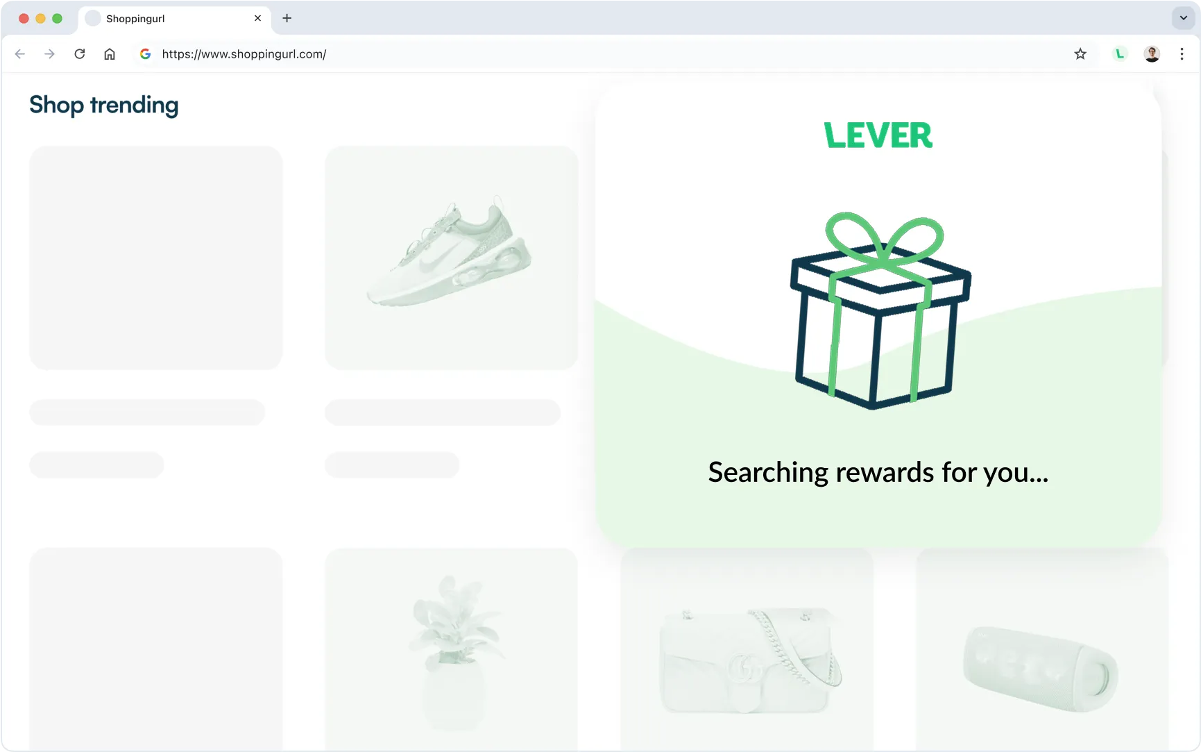 Lever browser extension showing animated gift icon and message 'Searching rewards for you...' as it scans shoppingurl.com for optimal credit card cashback rewards.