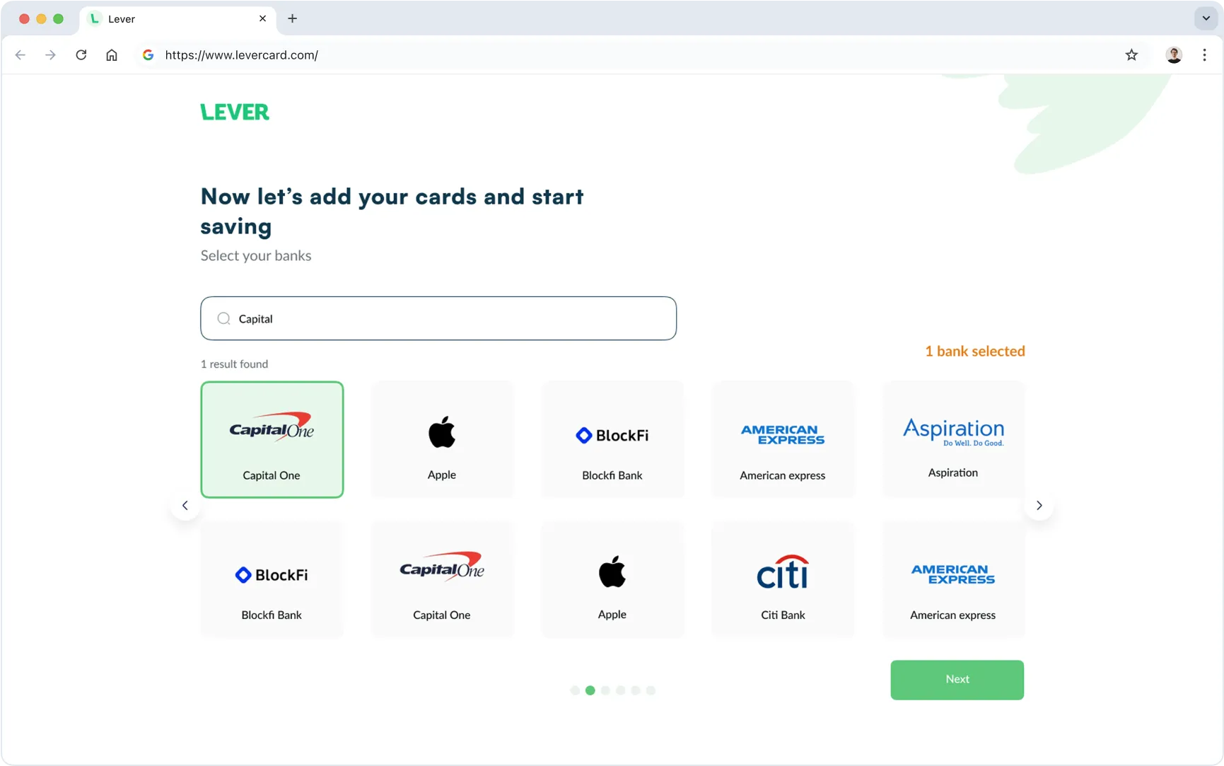 Lever app onboarding screen prompting user to select banks and add credit cards like Capital One, Apple, BlockFi, Citi, and American Express for cash back and rewards tracking.
