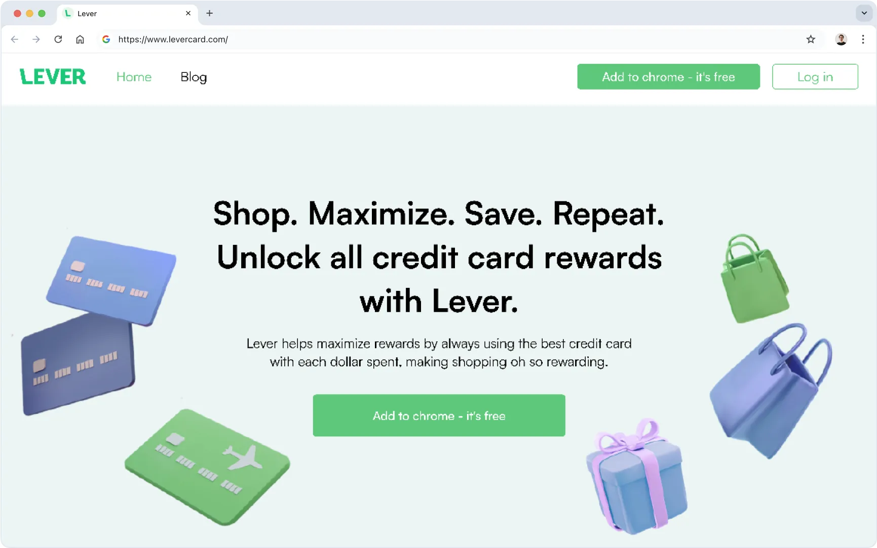 Lever browser extension homepage showing credit card rewards optimization tool with call-to-action 'Add to Chrome, it's free' and shopping-themed illustrations.
