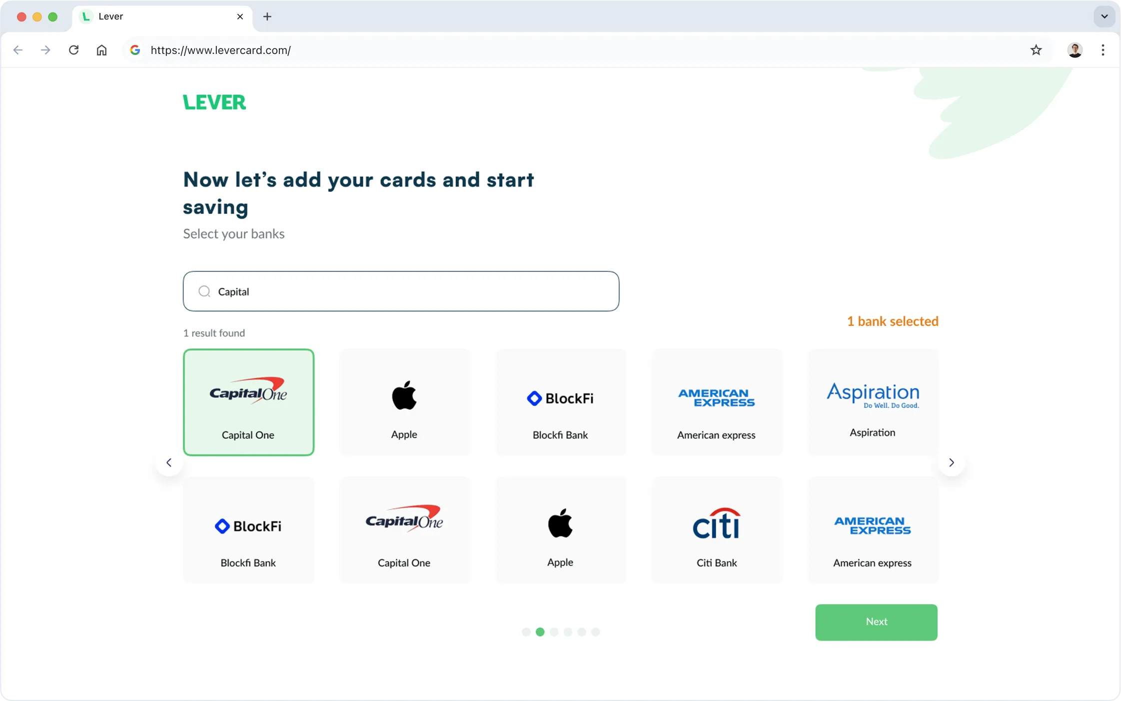 Lever app onboarding screen prompting user to select banks and add credit cards like Capital One, Apple, BlockFi, Citi, and American Express for cash back and rewards tracking