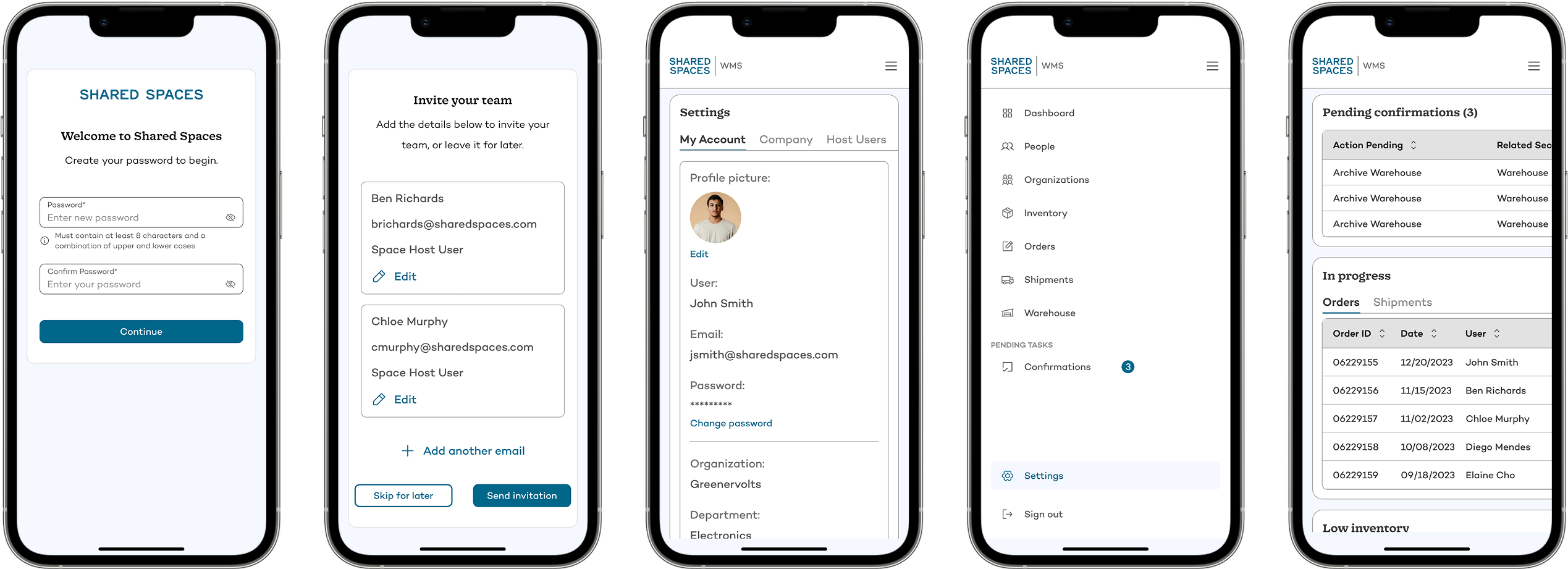 Mobile interface of Shared Spaces WMS showing user onboarding, team invitations, account settings, main navigation, and pending task confirmations for warehouse and order management