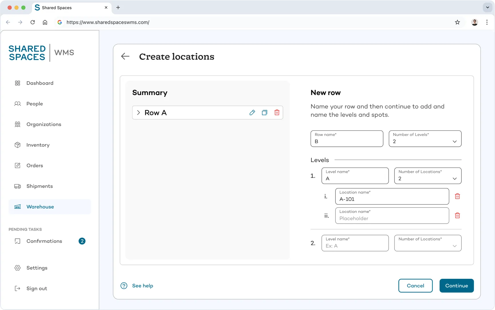 Shared Spaces warehouse management system interface for creating new warehouse rows, shelving levels, and location codes, allowing dynamic digital layout configuration.