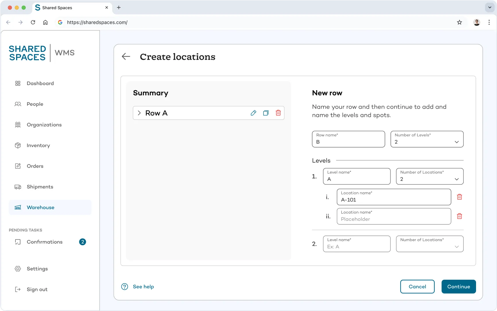 Shared Spaces warehouse management system interface for creating new warehouse rows, shelving levels, and location codes, allowing dynamic digital layout configuration.