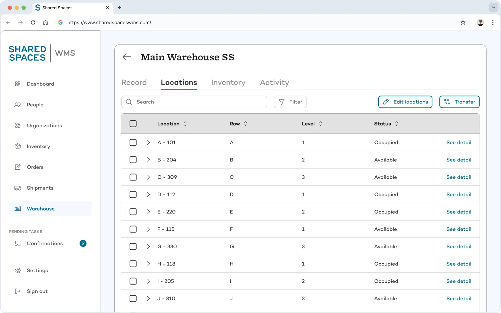 Warehouse inventory view showing list of storage locations by row, level, and availability status within Shared Spaces digital warehouse platform.