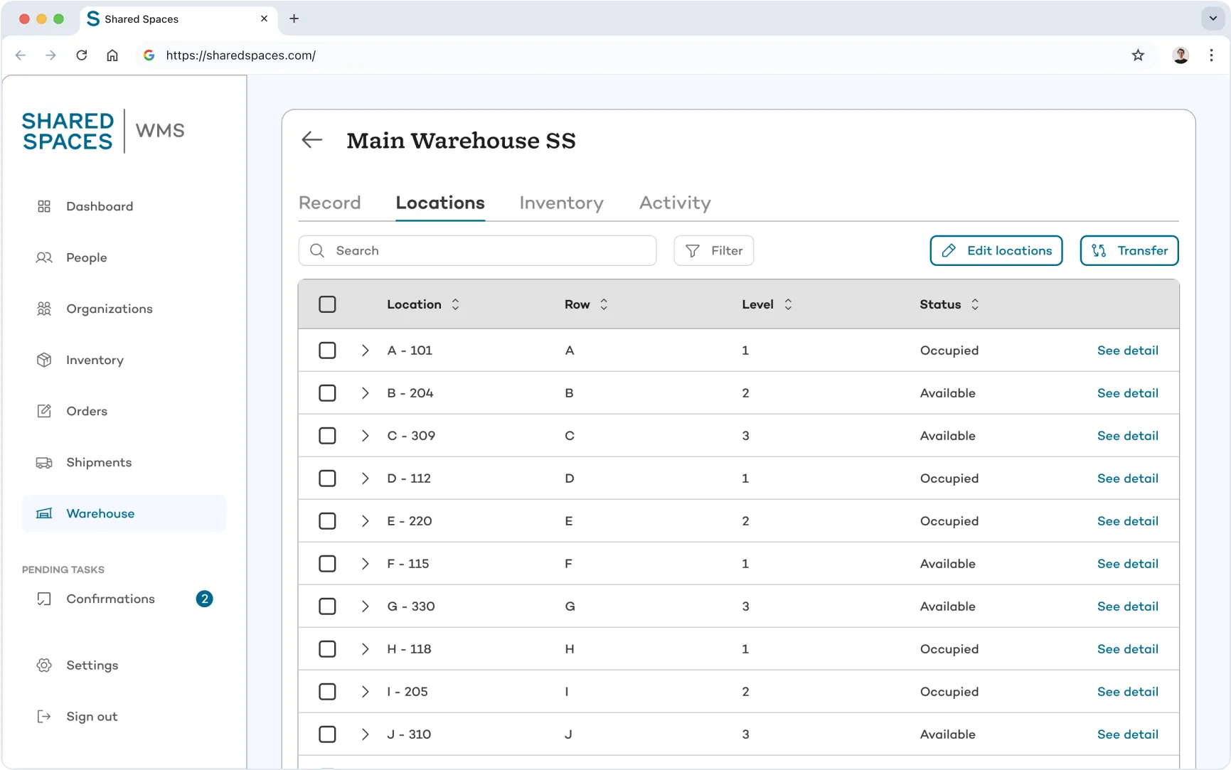 Warehouse inventory view showing list of storage locations by row, level, and availability status within Shared Spaces digital warehouse platform.