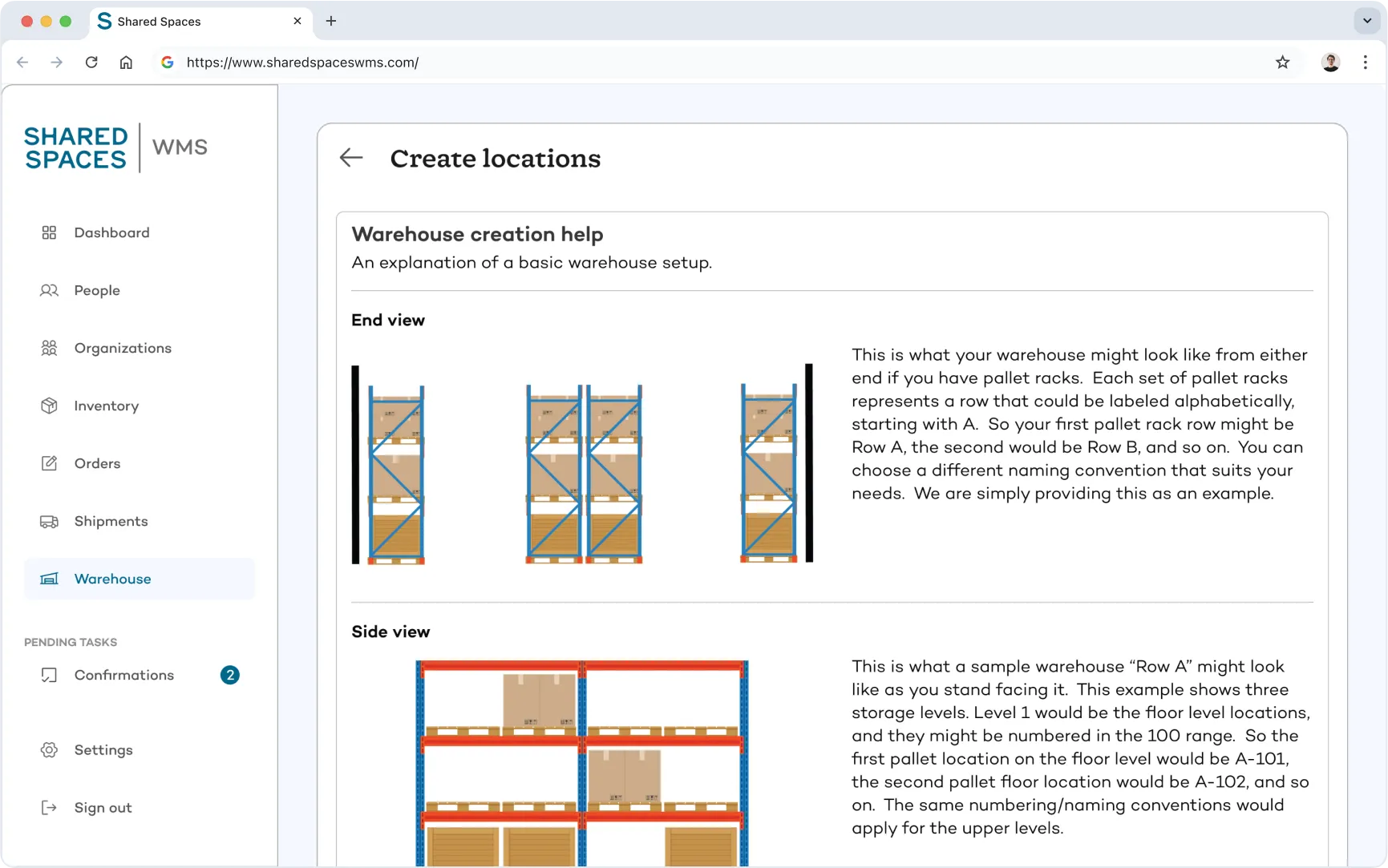 Visual warehouse setup guide showing side and end views of pallet racks with storage levels and naming conventions for digital warehouse configuration in Shared Spaces WMS.