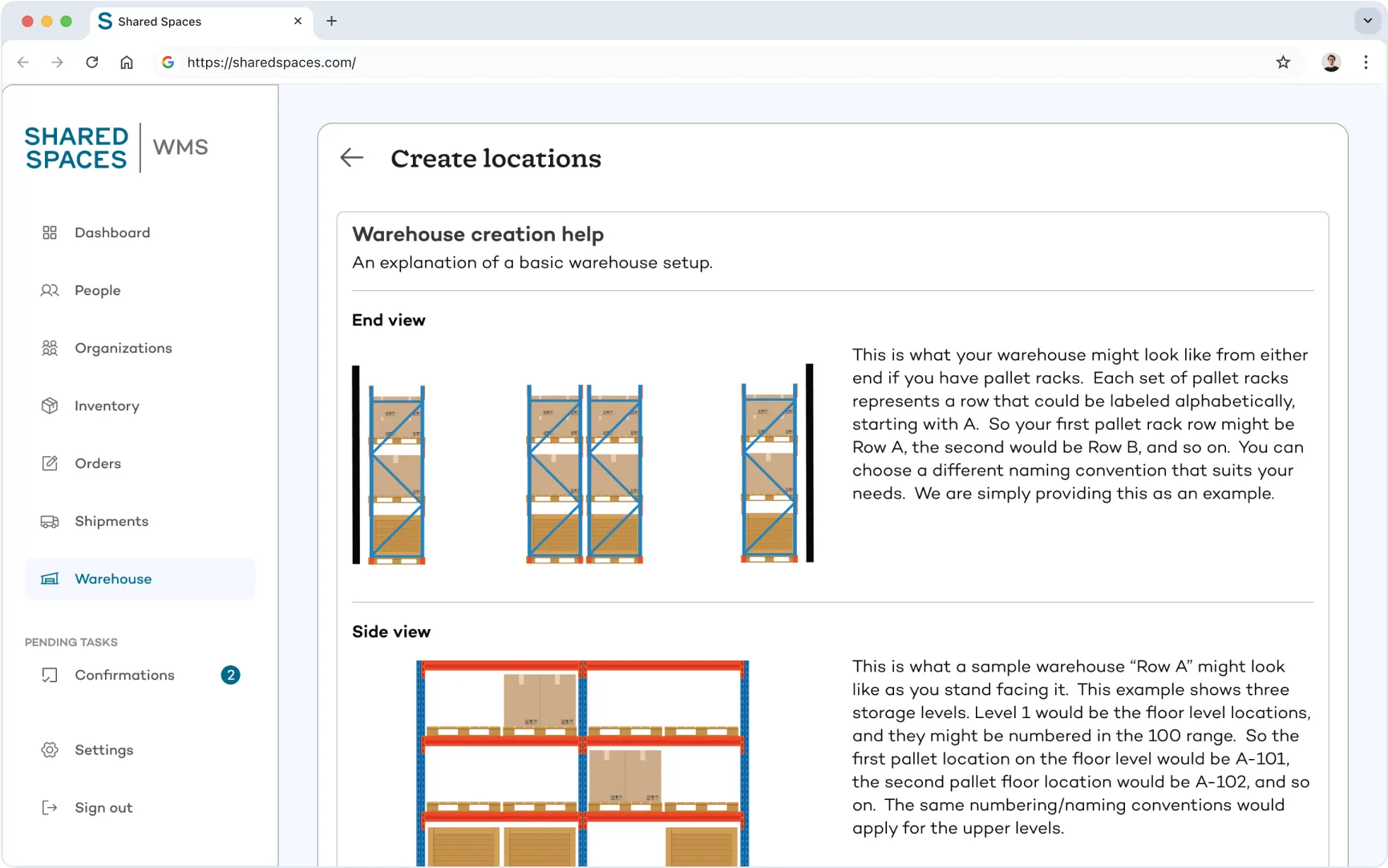 Visual warehouse setup guide showing side and end views of pallet racks with storage levels and naming conventions for digital warehouse configuration in Shared Spaces WMS.