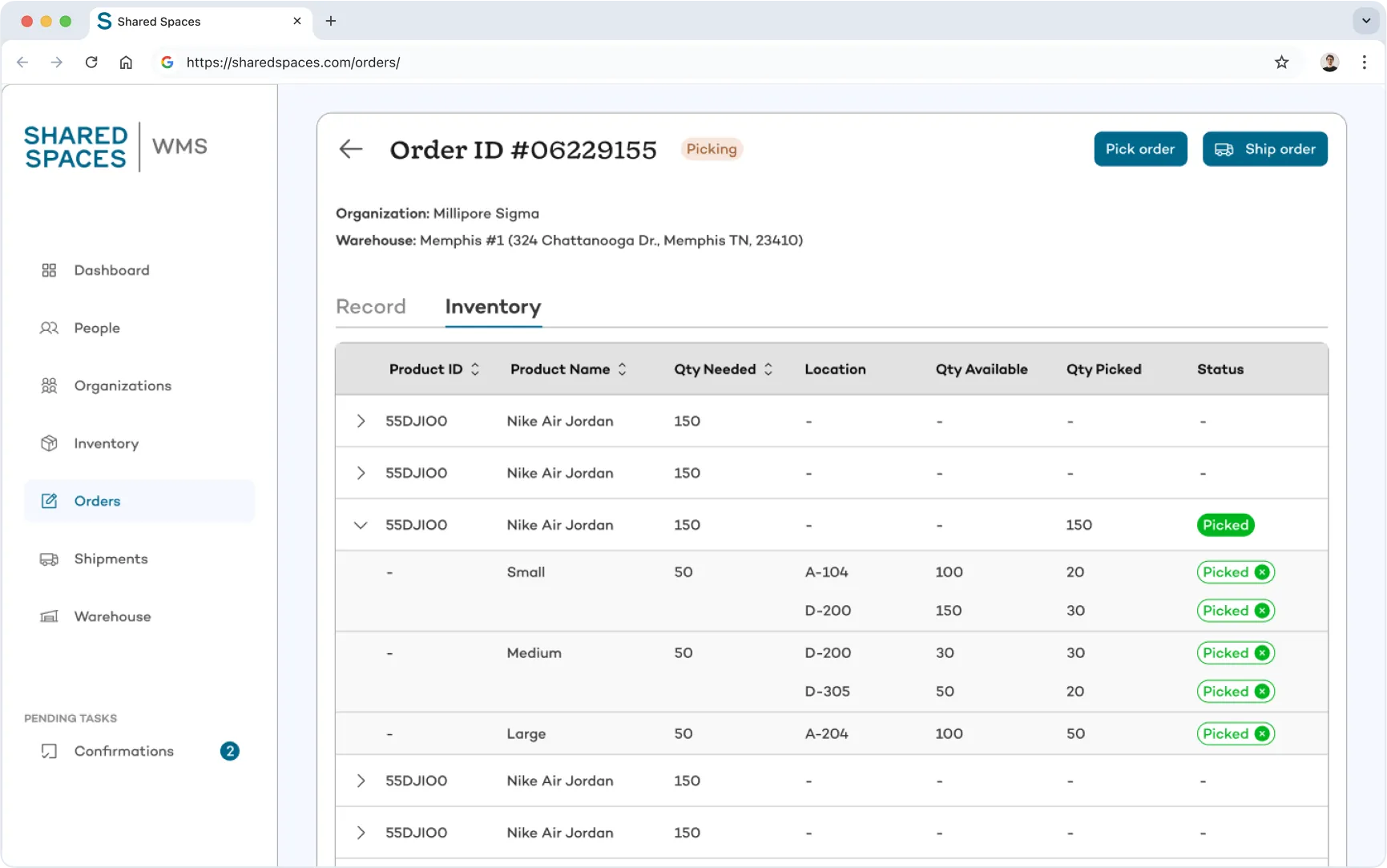 Detailed order view in Shared Spaces showing product inventory, quantity needed, available stock, picked status, and multi-location fulfillment within a warehouse.