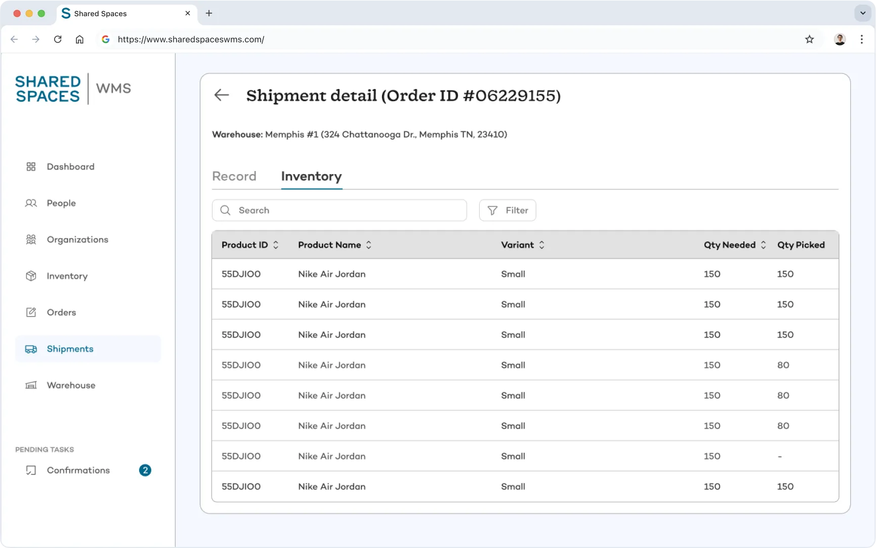 Shipment detail page in Shared Spaces WMS with product variants, required quantities, and picked items, enabling transparent logistics and fulfillment tracking.