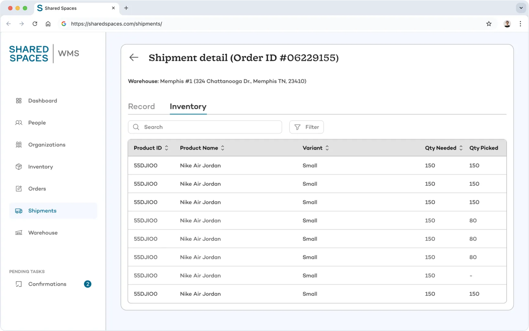 Shipment detail page in Shared Spaces WMS with product variants, required quantities, and picked items, enabling transparent logistics and fulfillment tracking.