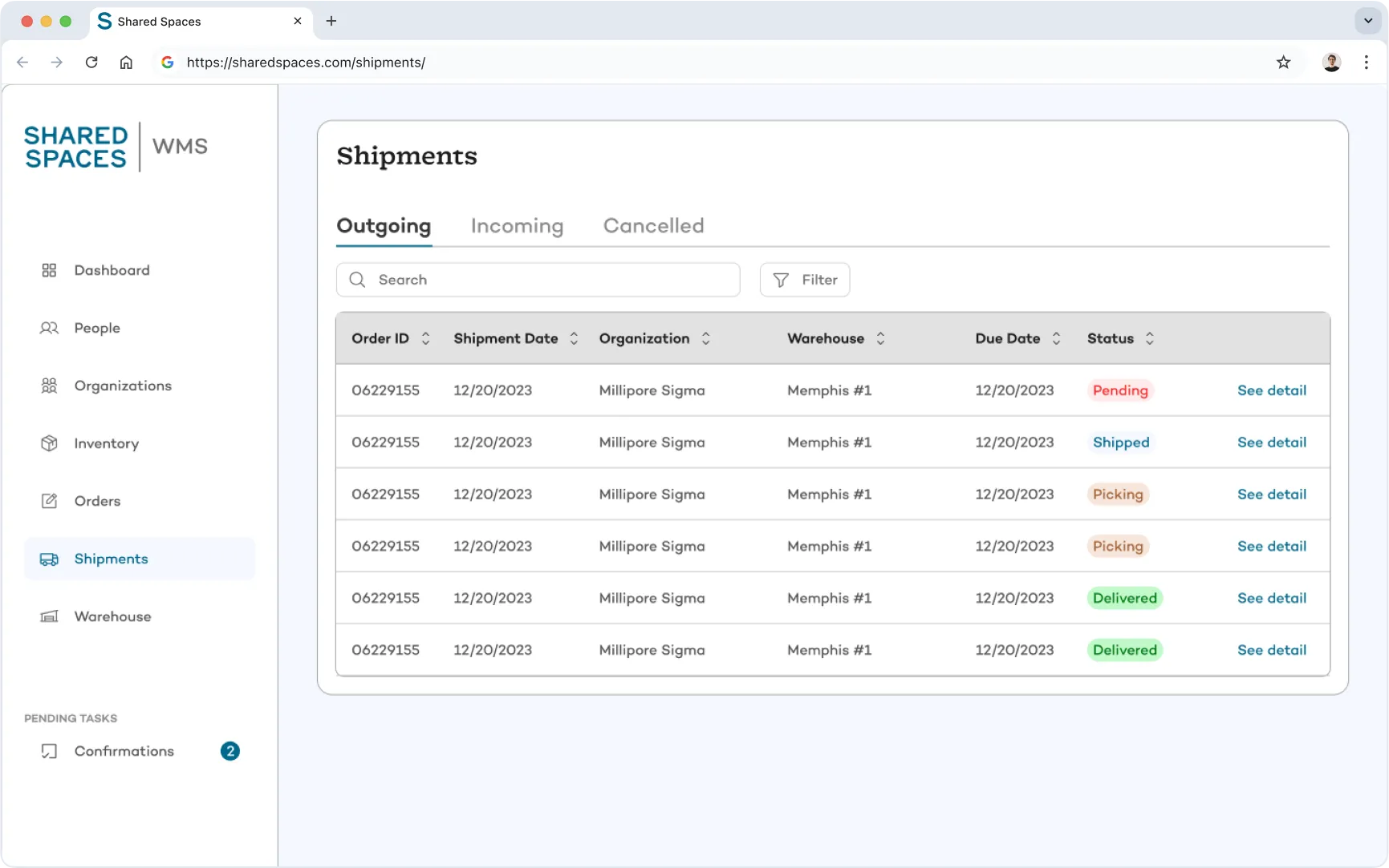 Shared Spaces WMS shipments dashboard displaying outgoing shipment orders with real-time status tracking including pending, picking, shipped, and delivered states.