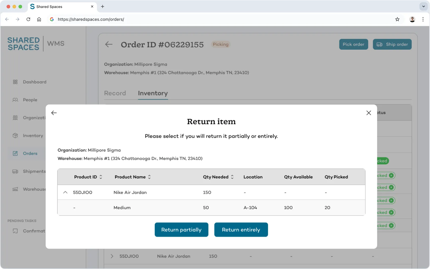 Return item interface in Shared Spaces warehouse system allowing users to process full or partial product returns with live inventory and location tracking.