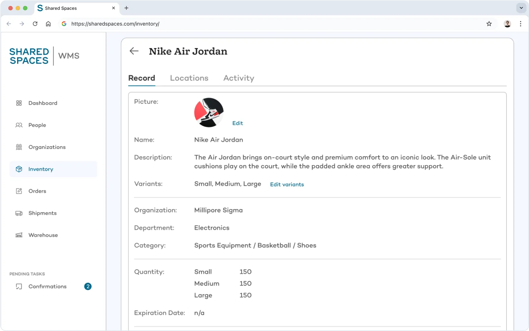 Shared Spaces WMS product detail page showing Nike Air Jordan item with description, available variants, stock levels, ownership, and category classification.