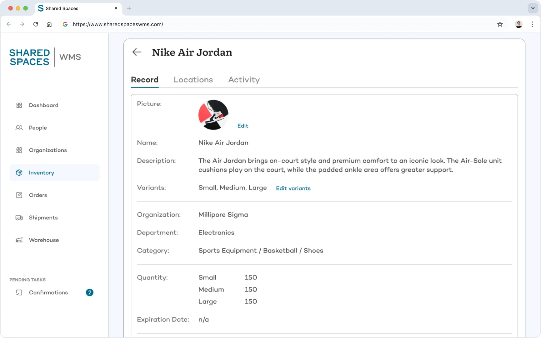 Shared Spaces WMS product detail page showing Nike Air Jordan item with description, available variants, stock levels, ownership, and category classification.