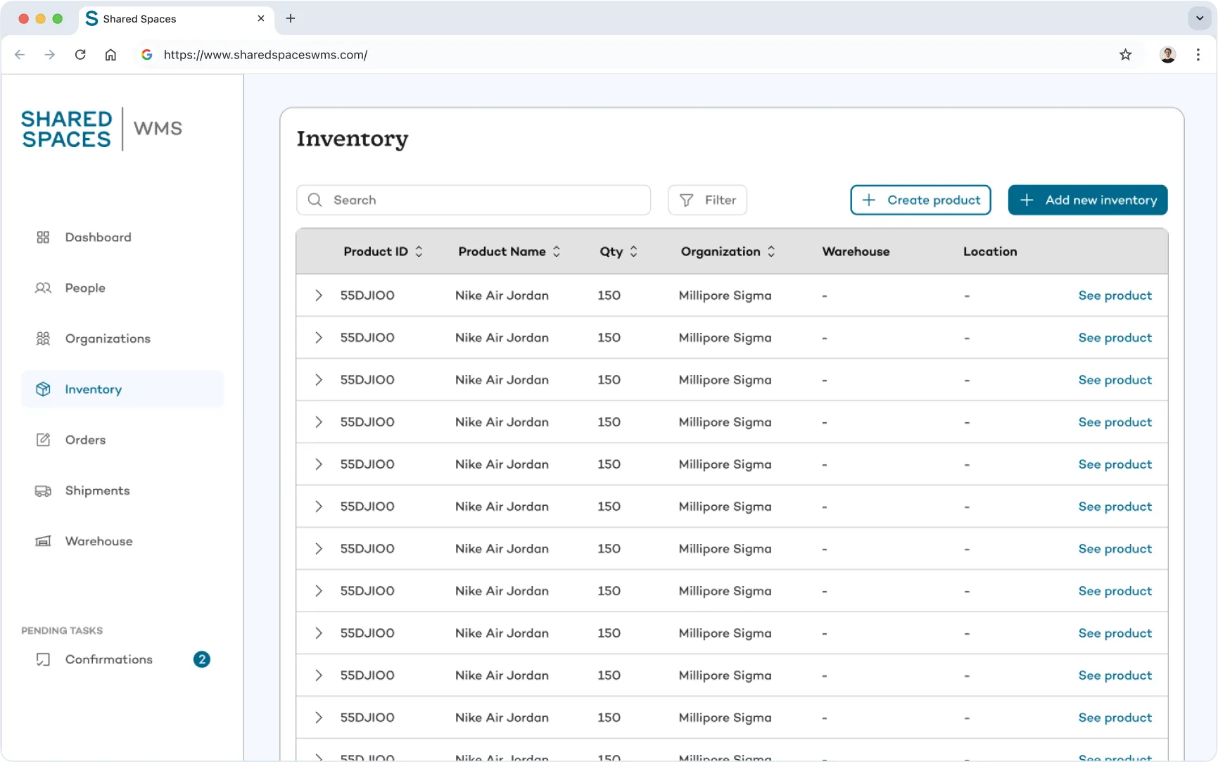Inventory management dashboard in Shared Spaces platform displaying searchable product list with product IDs, quantities, organizations, and location assignments.